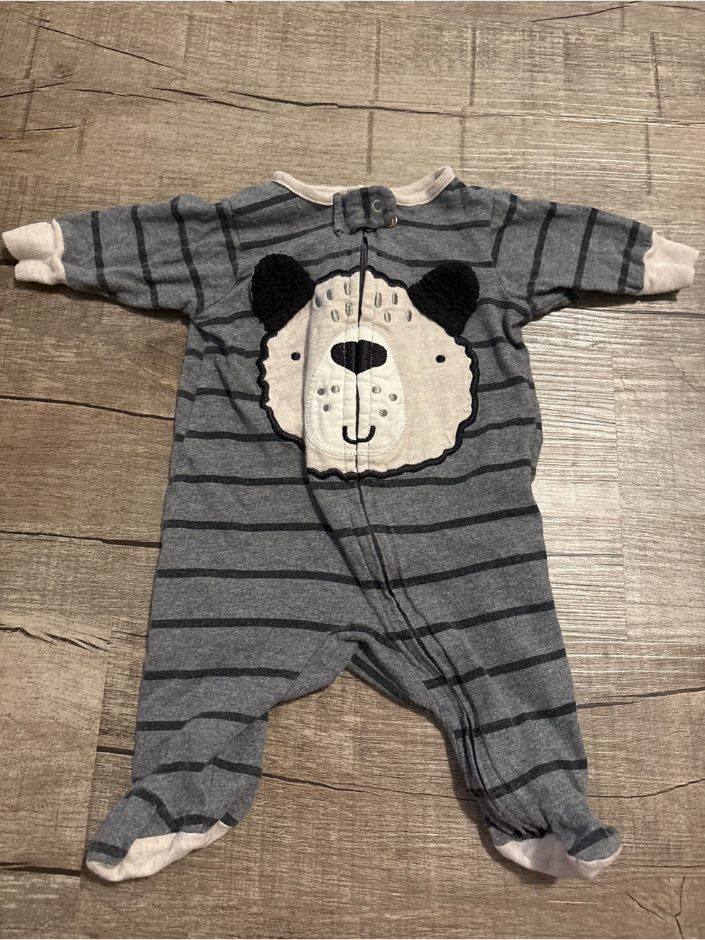Gray Striped Baby One-Piece with Bear Face